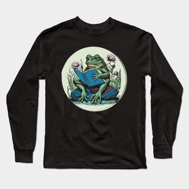 Cottagecore Frog With Book Long Sleeve T-Shirt by Apocatnipse Meow